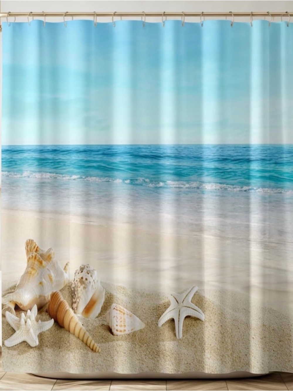 Beach Scene Shower Curtain in Blue and Cream 72x72”